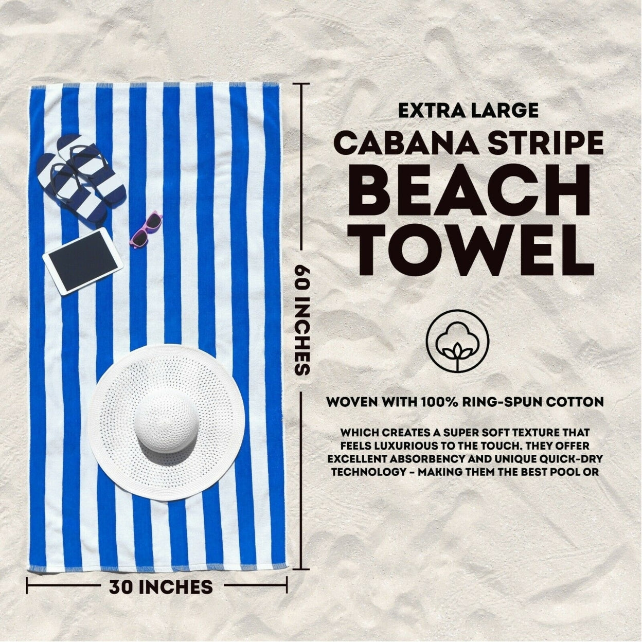 4-Pack: 30" x 60" Ultra-Soft 100% Cotton Striped Pool Cabana Hotel Beach Towels