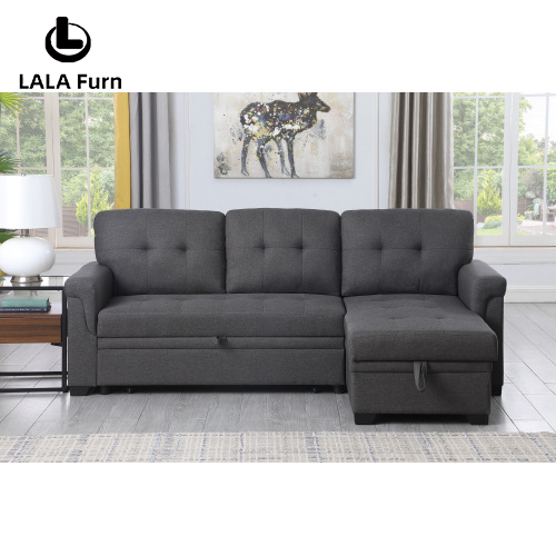 Lucca 84" Dark Gray Linen Reversible Sleeper Sectional Sofa with Storage Chaise