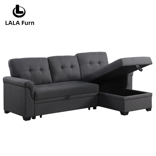 Lucca 84" Dark Gray Linen Reversible Sleeper Sectional Sofa with Storage Chaise