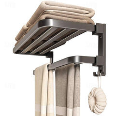 1pc Towel Rack For Bathroom, Folding Multi-layer Towel Bar, Wall Mounted Towel Holder, Bathroom Towel Hanger With Hook, Bathroom Storage And Organization, Bathroom Accessories