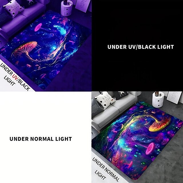 Mushroom Landscape Blacklight Rug Carpet Floor Mat UV Reactive Glow in the Dark Rug Large Non-Slip Rug Mat Carpet for Room Decor