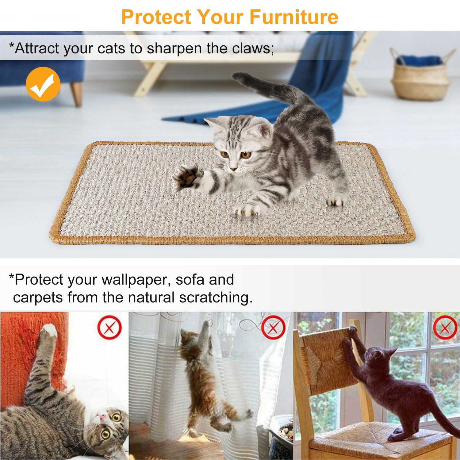 Anti-Slip Mat Horizontal Cat Floor Scratching Pad Rug