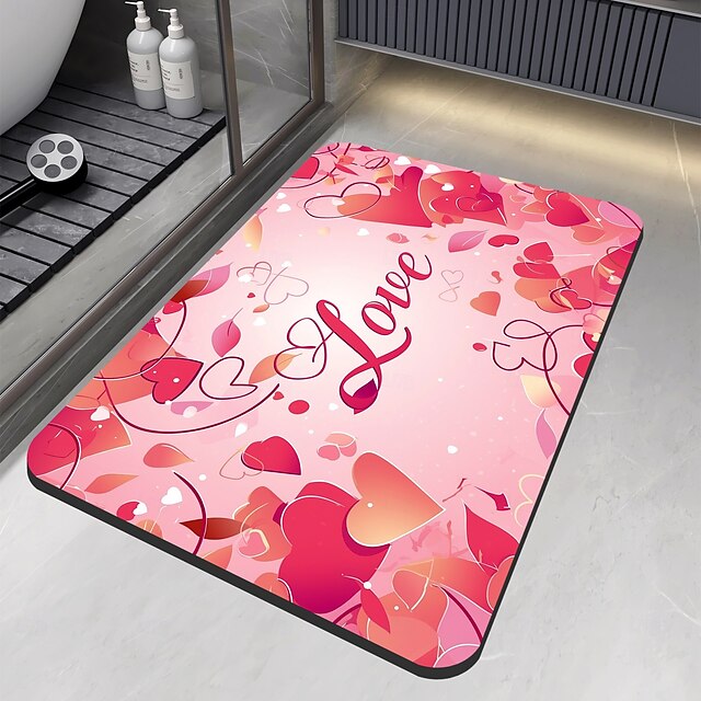 Valentine's Day Bathroom Rug, Polyester Fiber Rectangular Bath Mat, Super Absorbent, Non-Slip, Dirt-Resistant, and Easy to Clean Door Mat