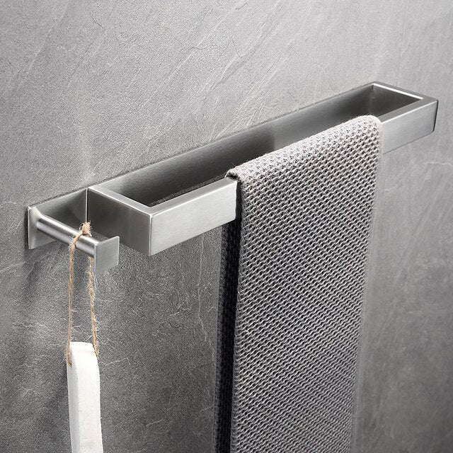 Adhesive Towel Bar with Hook, SUS304 Stainless Steel Hand Towel Holder for Bathroom, Towel Rack for Rolled Towels 40cm