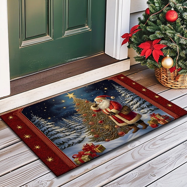 Christmas Decoration Doormat Xmas Santa Kitchen Mat Floor Mat Non-Slip Area Rug Oil Proof Rug Indoor Outdoor Mat Bedroom Decor Bathroom Mat Entrance Rug