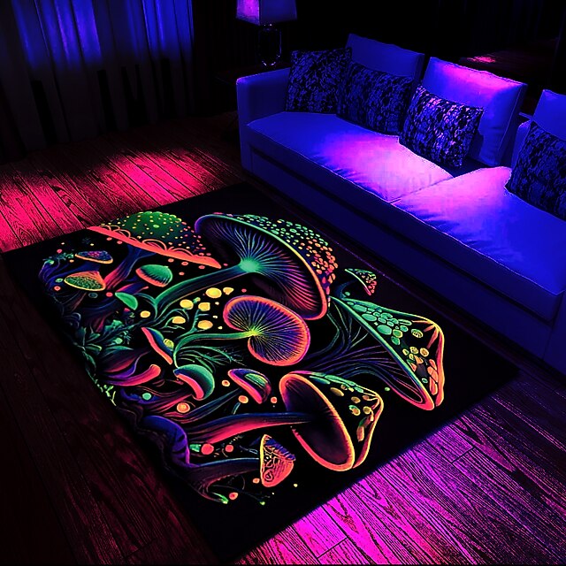 Fantasy Mushroom Blacklight Rug Carpet Floor Mat UV Reactive Glow in the Dark Rug Large Non-Slip Rug Mat Carpet for Room Decor