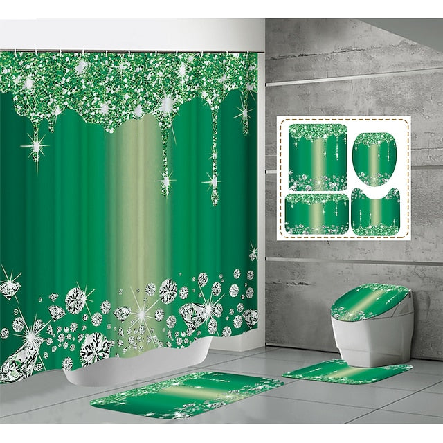 Bathroom Shower Curtain, Sparkling Diamond-Pattern Bathroom Curtain With 12 Hooks, Bathroom Non Slip Rugs, Toilet Cover Mat