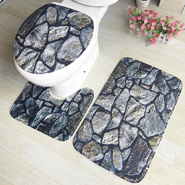 3Pcs/Set Bathroom Non-Slip Pedestal Rug + Lid Toilet Cover + Bath Mat Washable