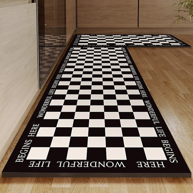 Chess Board Pattern Kitchen Rug Area Rug Mat Non-Slip Oil Proof Floor Mat Livingroom Rug Indoor Outdoor Mat Bedroom Decor Bathroom Mat Entrance Rug Door Mat