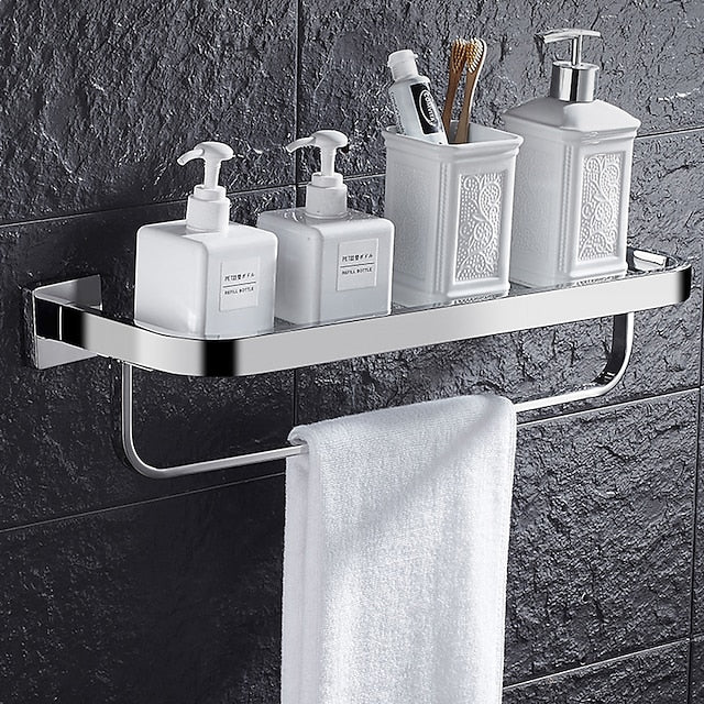 Shower Caddy Modern Bath Multifunctional Storage Rack With Towel Bar Stainless Steel Thickened Towel Rack Bathroom Tempered Glass Cosmetics Bathroom Supplies Storage Rack