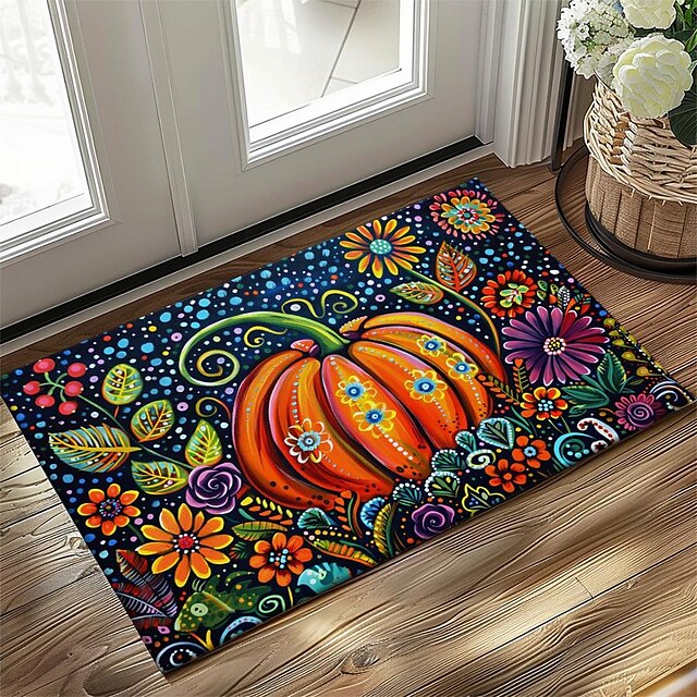 Autumn Pumpkin Folk Art Doormat Kitchen Mat Floor Mat Non-Slip Area Rug Oil Proof Rug Indoor Outdoor Mat Bedroom Decor Bathroom Mat Entrance Rug