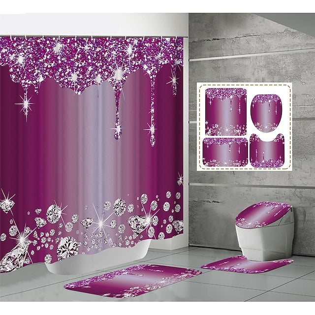 Bathroom Shower Curtain, Sparkling Diamond-Pattern Bathroom Curtain With 12 Hooks, Bathroom Non Slip Rugs, Toilet Cover Mat