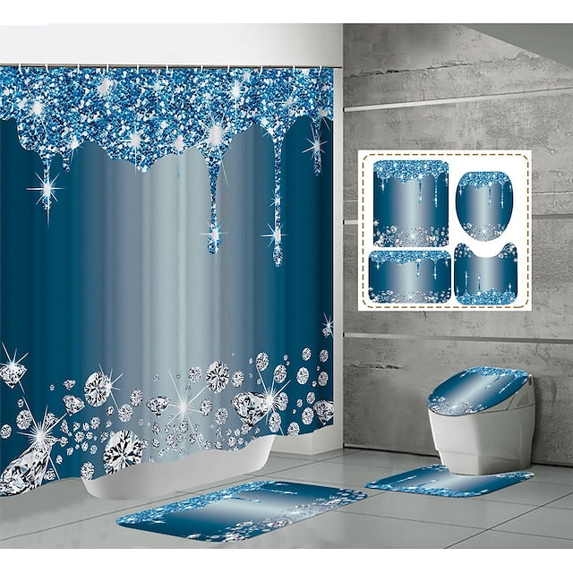 Bathroom Shower Curtain, Sparkling Diamond-Pattern Bathroom Curtain With 12 Hooks, Bathroom Non Slip Rugs, Toilet Cover Mat