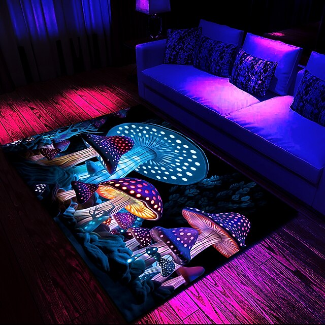 Fantasy Mushroom Blacklight Rug Carpet Floor Mat UV Reactive Glow in the Dark Rug Large Non-Slip Rug Mat Carpet for Room Decor