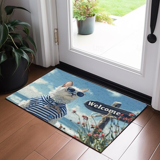 Beach Sunshine Cat Doormat Floor Mats Washable Rugs Kitchen Mat Non-Slip Oil Proof Rug Indoor Outdoor Mat Bedroom Decor Bathroom Mat Entrance Rug