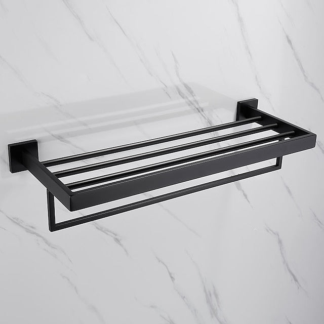 Towel Rack Multifunction Premium Design Stainless Steel Bathroom Shelf Wall Mounted Matte Black 1pc