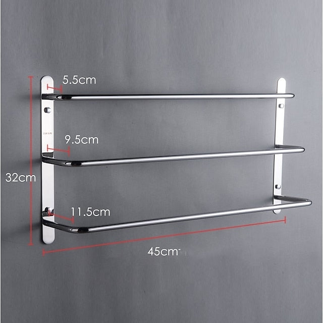 Multilayer Towel Rack Contemporary Stainless Steel Bathroom Shelf with 3-towel Bar Wall Mounted Polished Silvery 1PC 45CM