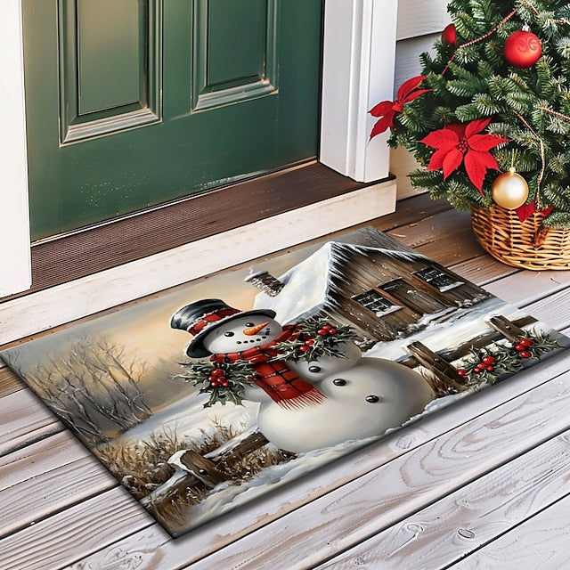 Christmas Decoration Doormat Xmas Snowman Couple Kitchen Mat Floor Mat Non-Slip Area Rug Oil Proof Rug Indoor Outdoor Mat Bedroom Decor Bathroom Mat Entrance Rug