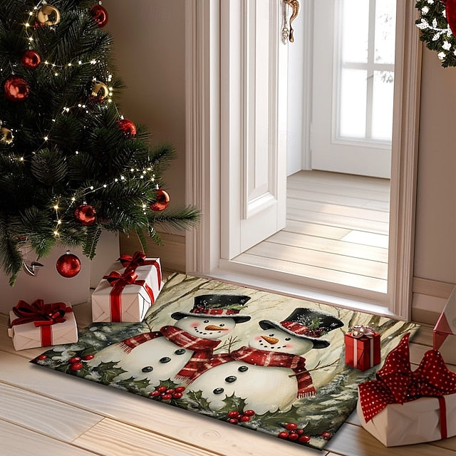 Christmas Decoration Doormat Xmas Snowman Couple Kitchen Mat Floor Mat Non-Slip Area Rug Oil Proof Rug Indoor Outdoor Mat Bedroom Decor Bathroom Mat Entrance Rug