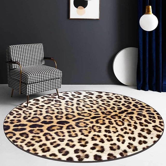 Round Leopard Print Area Rug Floor Decor Non Slip Absorbent Carpet For Entryway Bedroom Living Room Sofa Home Deco