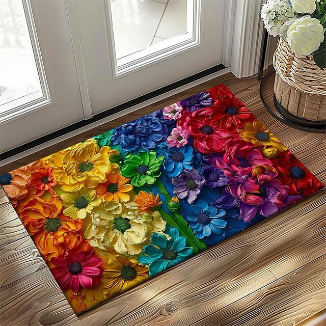 Valentine's Day Rainbow Flowers Doormat Non-Slip Oil Proof Rug Indoor Outdoor Mat Bedroom Decor Bathroom Mat Entrance Rug Door Mat