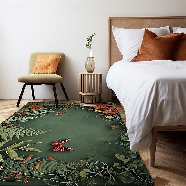 Green Butterfly Plant Area Rug Kitchen Mat Non-Slip Oil Proof Floor Mat Livingroom Rug Indoor Outdoor Mat Bedroom Decor Bathroom Mat Entrance Rug Door Mat