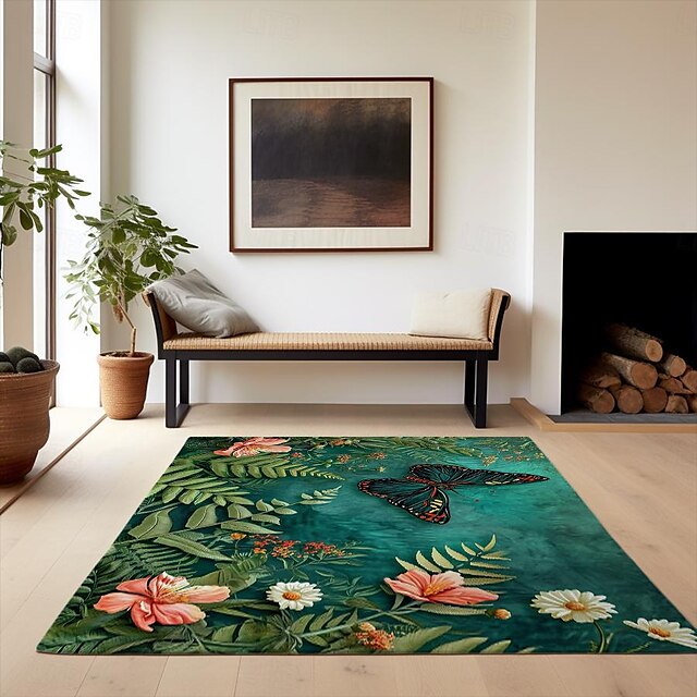 Green Butterfly Plant Area Rug Kitchen Mat Non-Slip Oil Proof Floor Mat Livingroom Rug Indoor Outdoor Mat Bedroom Decor Bathroom Mat Entrance Rug Door Mat