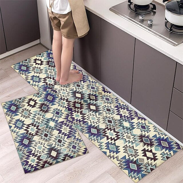 Boho Style Kitchen Mat Kitchen Rug Set of 2 Pcs,Perfect for Kitchen, Bathroom, Living Room, Soft, Absorbent Microfiber Material, Non-Slip, Easy Clean Machine Washable Floor Runner