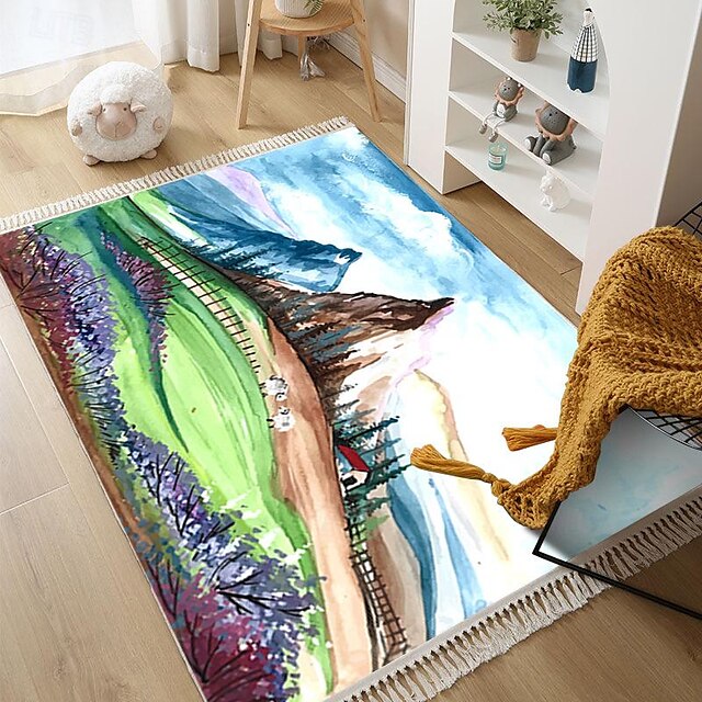 Hand Woven Cotton Linen Floor Mat Carpet Retro Oil Painting Round Bedside Tassel Aubusson Doormat Area Rug Bedroom Decor Bathroom Mat Entrance Rug