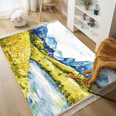 Hand Woven Cotton Linen Floor Mat Carpet Retro Oil Painting Round Bedside Tassel Aubusson Doormat Area Rug Bedroom Decor Bathroom Mat Entrance Rug