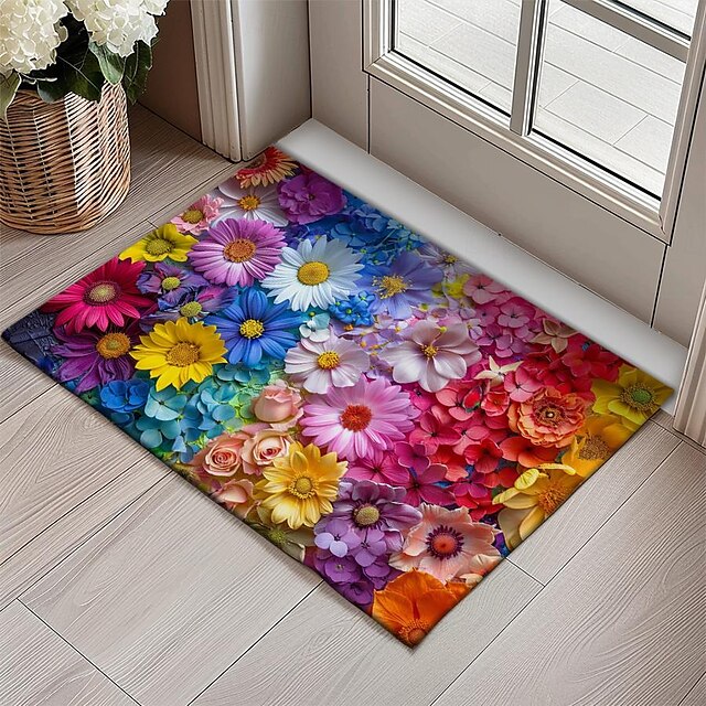 Valentine's Day Rainbow Flowers Doormat Non-Slip Oil Proof Rug Indoor Outdoor Mat Bedroom Decor Bathroom Mat Entrance Rug Door Mat