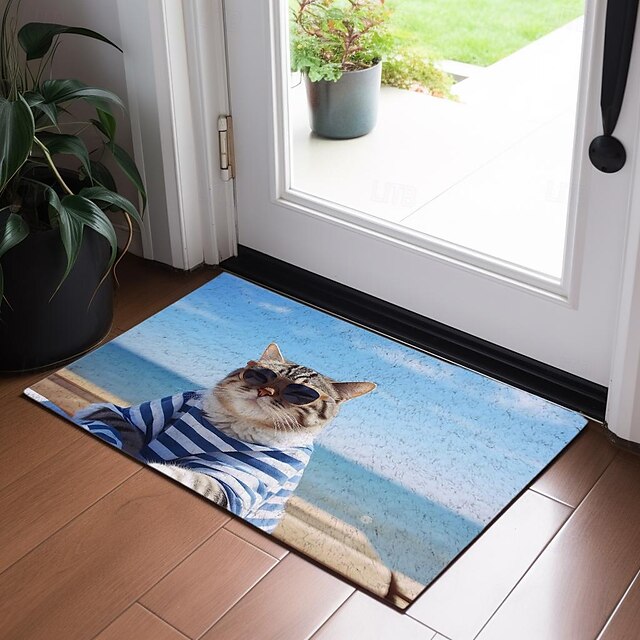 Beach Sunshine Cat Doormat Floor Mats Washable Rugs Kitchen Mat Non-Slip Oil Proof Rug Indoor Outdoor Mat Bedroom Decor Bathroom Mat Entrance Rug