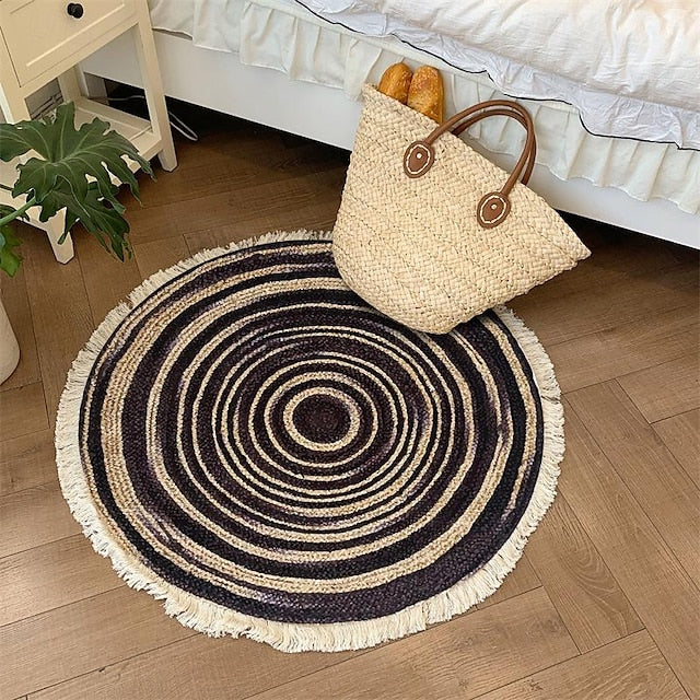 Hand Woven Cotton Linen Floor Mat Carpet Retro Bohemian Round Bedside Tassel Geometric Aubusson Doormat Area Rug Bedroom Decor Bathroom Mat Entrance Rug