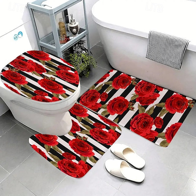 3pcs Romantic Valentine's Day love roses home bathroom floor mats Bath mat Snowman bathroom accessories rug Toilet mat Bathtub anti-slip carpet