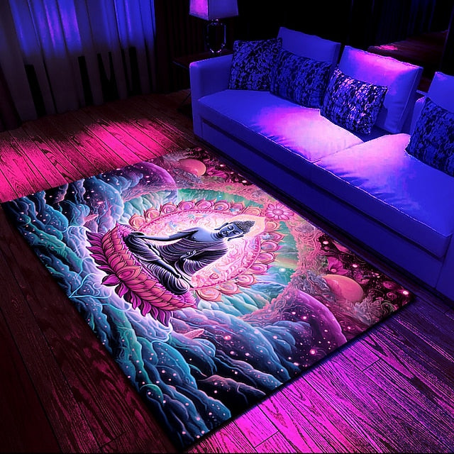 Blacklight Rug UV Reactive Glow in the Dark Area Rug Kitchen Mat Non-Slip Oil Proof Trippy Buddha Floor Mat Livingroom Rug Indoor Outdoor Mat Bedroom Decor Bathroom Mat Entrance Rug Door Mat