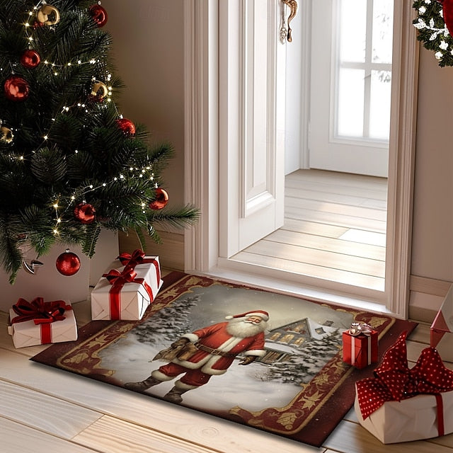 Christmas Decoration Doormat Xmas Santa Kitchen Mat Floor Mat Non-Slip Area Rug Oil Proof Rug Indoor Outdoor Mat Bedroom Decor Bathroom Mat Entrance Rug