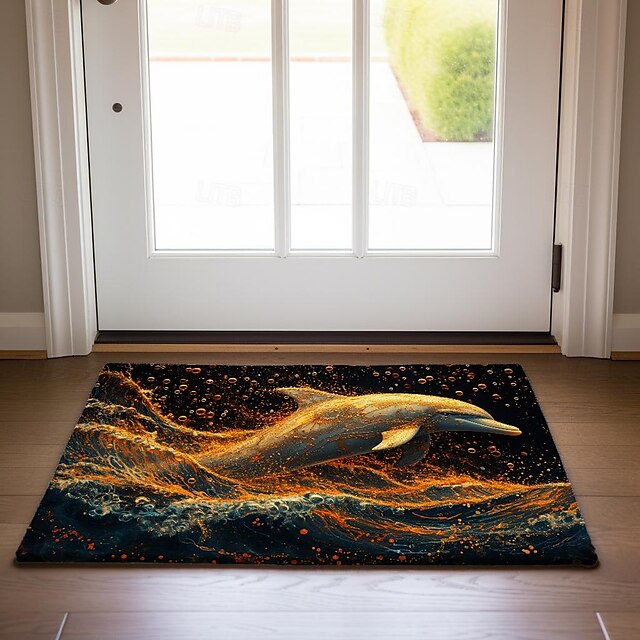 Gold Dolphin Doormat Non-Slip Oil Proof Rug Indoor Outdoor Mat Bedroom Decor Bathroom Mat Entrance Rug Door Mat