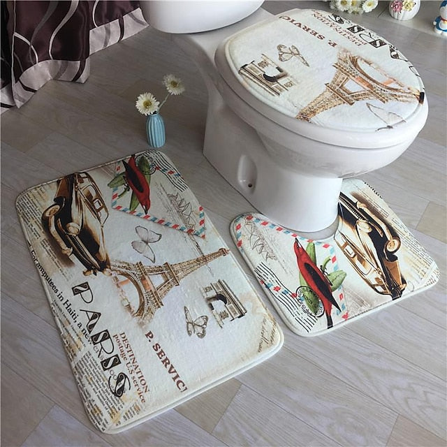 3Pcs/Set Bathroom Non-Slip Pedestal Rug + Lid Toilet Cover + Bath Mat Washable