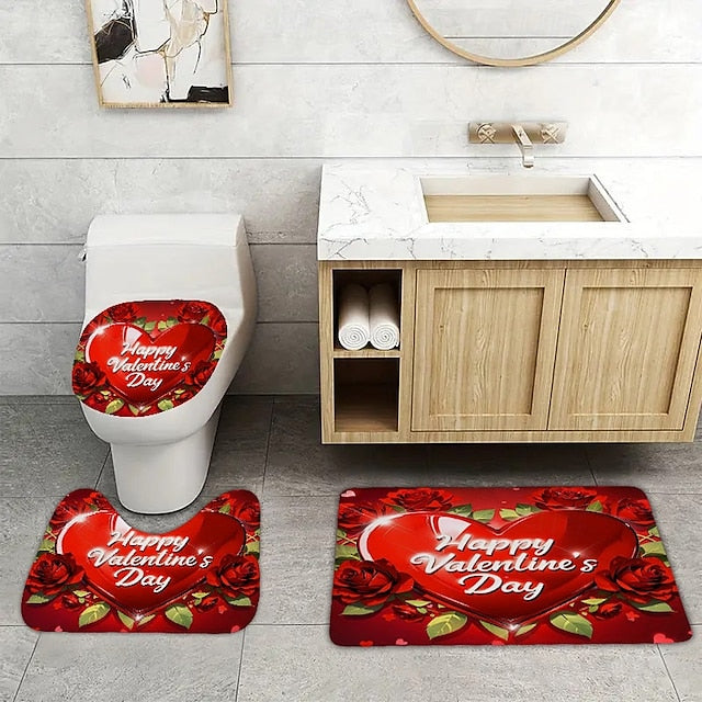 3 Piece Happy Valentine's Day Red heart love themed Bathroom Rug - non-slip washable kitchen bedroom and bathroom decorative mat - includes bath mat contouring mat and toilet lid cover accessories