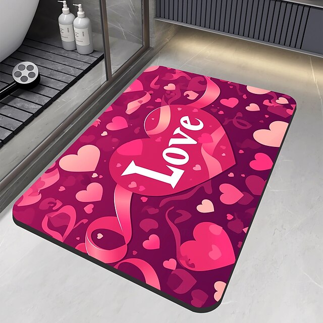 Valentine's Day Bathroom Rug, Polyester Fiber Rectangular Bath Mat, Super Absorbent, Non-Slip, Dirt-Resistant, and Easy to Clean Door Mat