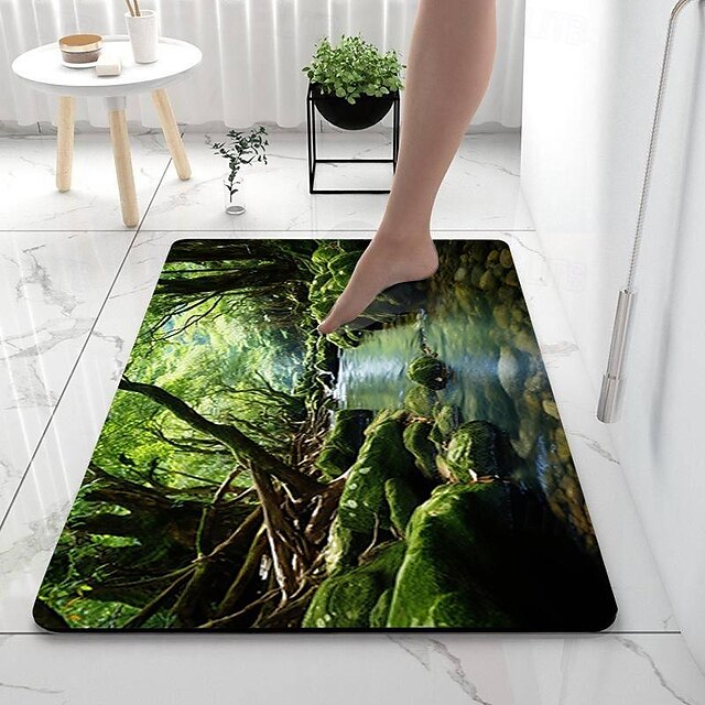 Forest Diatomaceous Earth Bath Mat Soft Mat Rubber Anti-Slip Fast Dry Super Absorbent Thin Bathroom Mat for Under Door - Bathroom Floor Mat Rug Bathtub Front Shower Mat Sink