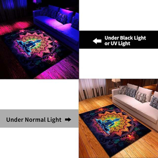 Blacklight Rug UV Reactive Glow in the Dark Area Rug Kitchen Mat Non-Slip Oil Proof Trippy Buddha Floor Mat Livingroom Rug Indoor Outdoor Mat Bedroom Decor Bathroom Mat Entrance Rug Door Mat