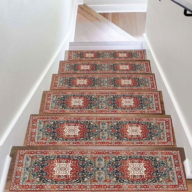 Step Tread Carpet Boho Style Non-Slip Carpet Stair Treads for Kids Elders and Pets Ethnic Design Stair Tread Mats