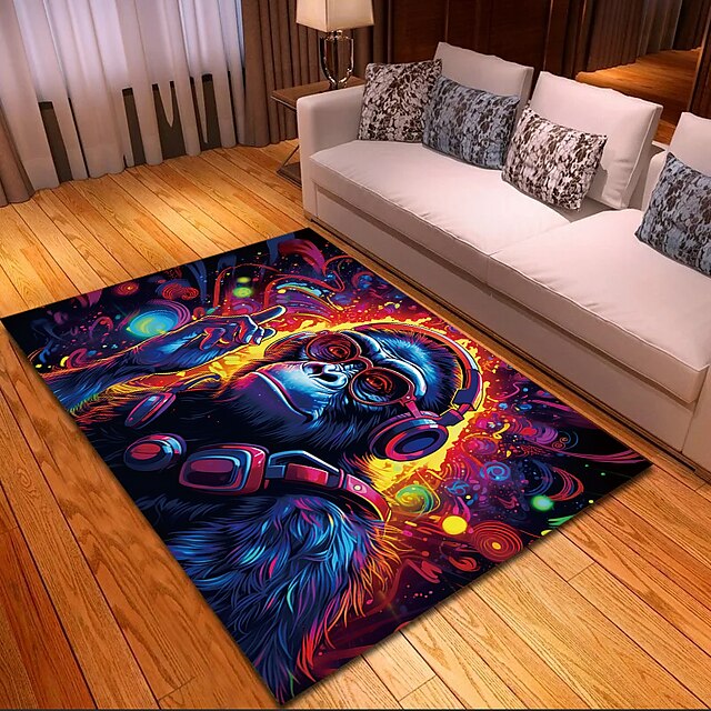 Blacklight Rug UV Reactive Glow in the Dark Area Rug Kitchen Mat Non-Slip Oil Proof Chimpanzees DJ Floor Mat Livingroom Rug Indoor Outdoor Mat Bedroom Decor Bathroom Mat Entrance Rug Door Mat