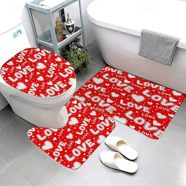 3 Piece Happy Valentine's Day Red heart love themed Bathroom Rug - non-slip washable kitchen bedroom and bathroom decorative mat - includes bath mat contouring mat and toilet lid cover accessories