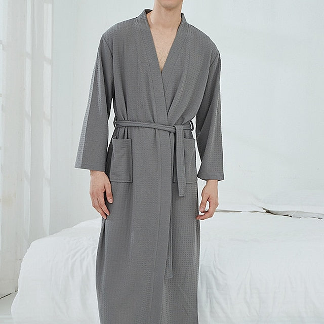 Men's Pajamas Robe Bathrobe Robes Gown Pure Color Stylish Casual Comfort Home Bathing Waffle Fabric Comfort Warm Long Robe Pocket Winter Fall Black White