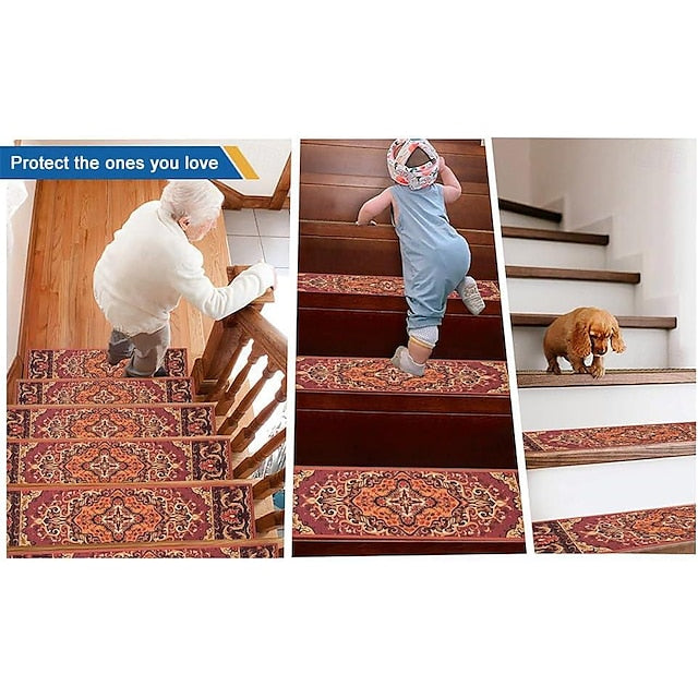 Step Carpet Boho Style Non-Slip Carpet Stair Treads for Kids Elders and Pets Ethnic Design Stair Tread Mats