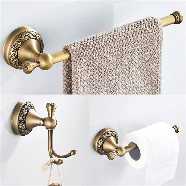 Golden Bathroom Accessory Towel Ring/Toilet Paper Holder/Robe Hook Antique Brass Bathroom Single Rod Wall Mounted Carved Design