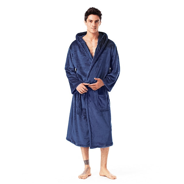 Men's Plus Size Pajamas Robe Bathrobe Sleepwear Pure Color Warm Plush Home Bed Fleece Flannel Warm Long Sleeve Hoodie Winter Fall Black Red