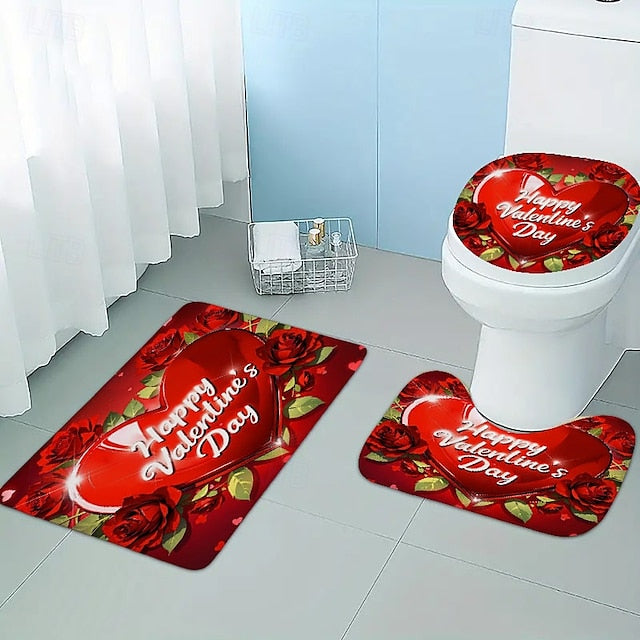 3 Piece Happy Valentine's Day Red heart love themed Bathroom Rug - non-slip washable kitchen bedroom and bathroom decorative mat - includes bath mat contouring mat and toilet lid cover accessories